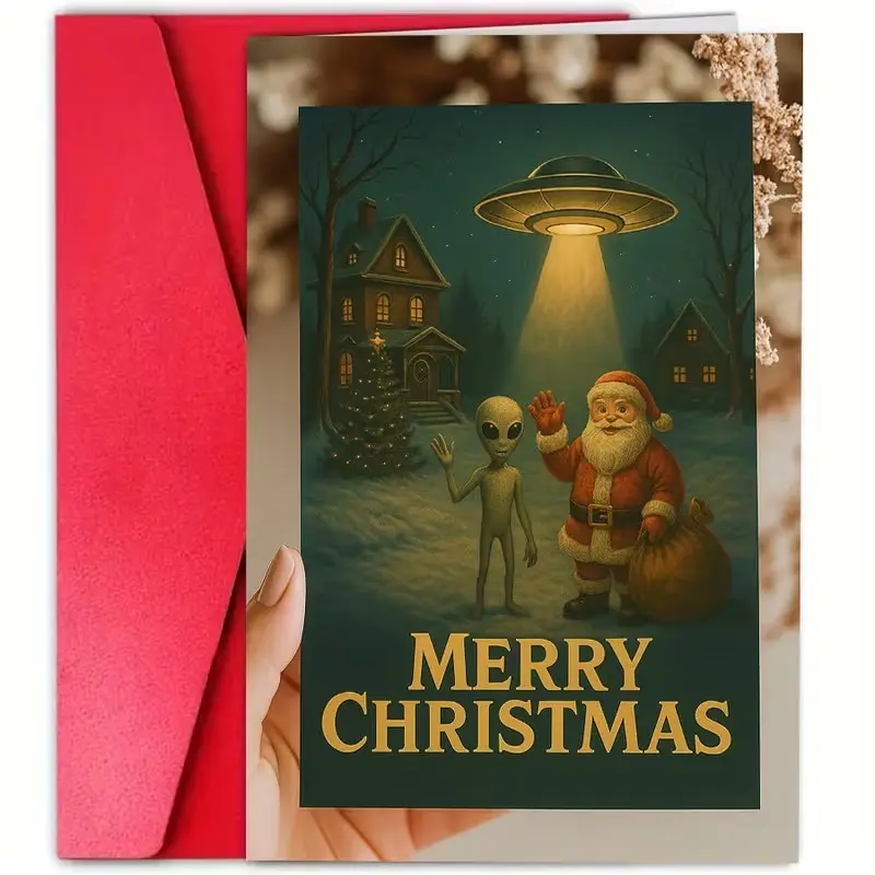 Unique Christmas Card Featuring Santa and Alien, Perfect for Sci-Fi Fans, Affordable Holiday Gift for Friends and Family