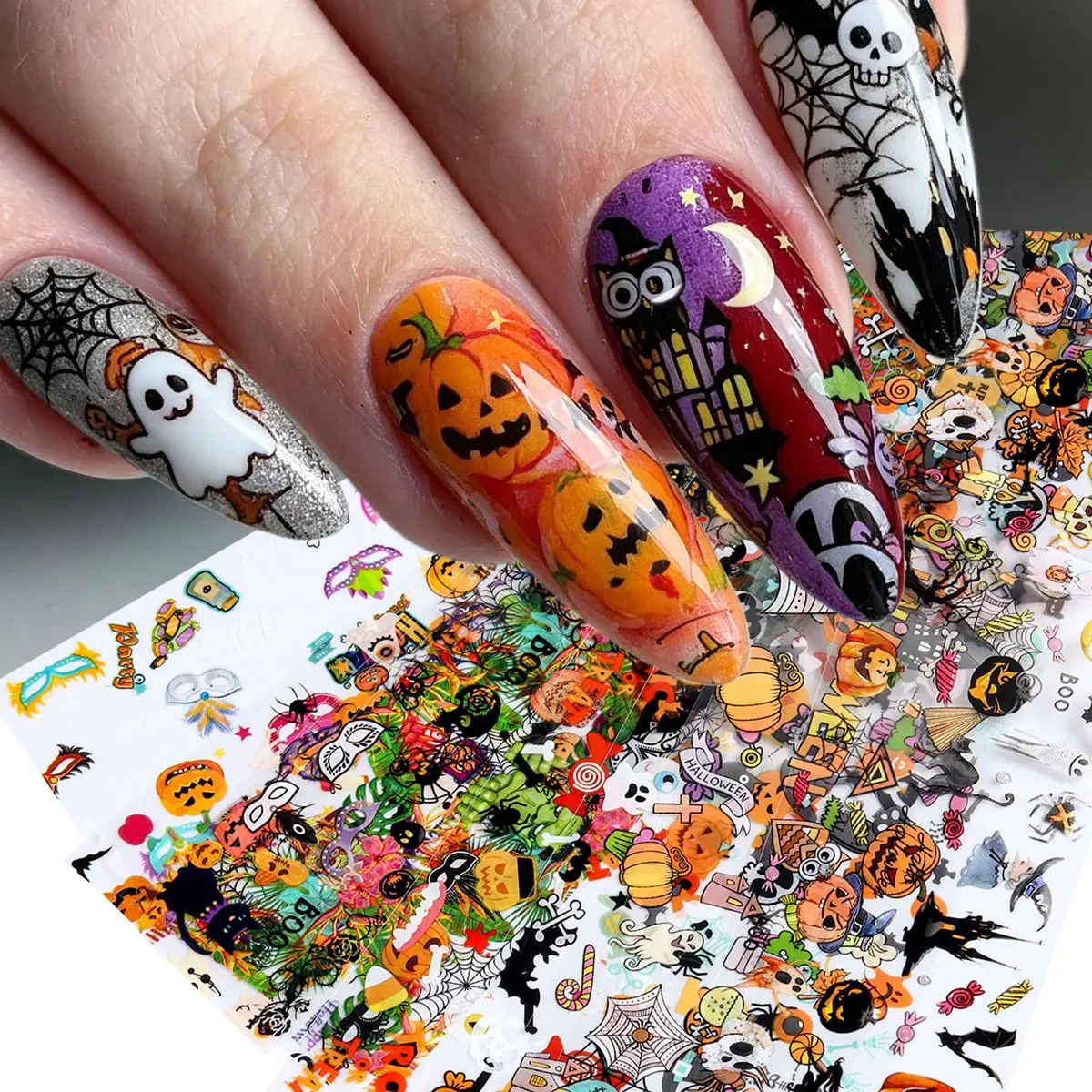 Cartoon Halloween Nail Foil Transfer Stickers Set, Coffee Color Pumpkin Ghost Bat Skull, DIY Nail Art Kit for Women and Manicurists