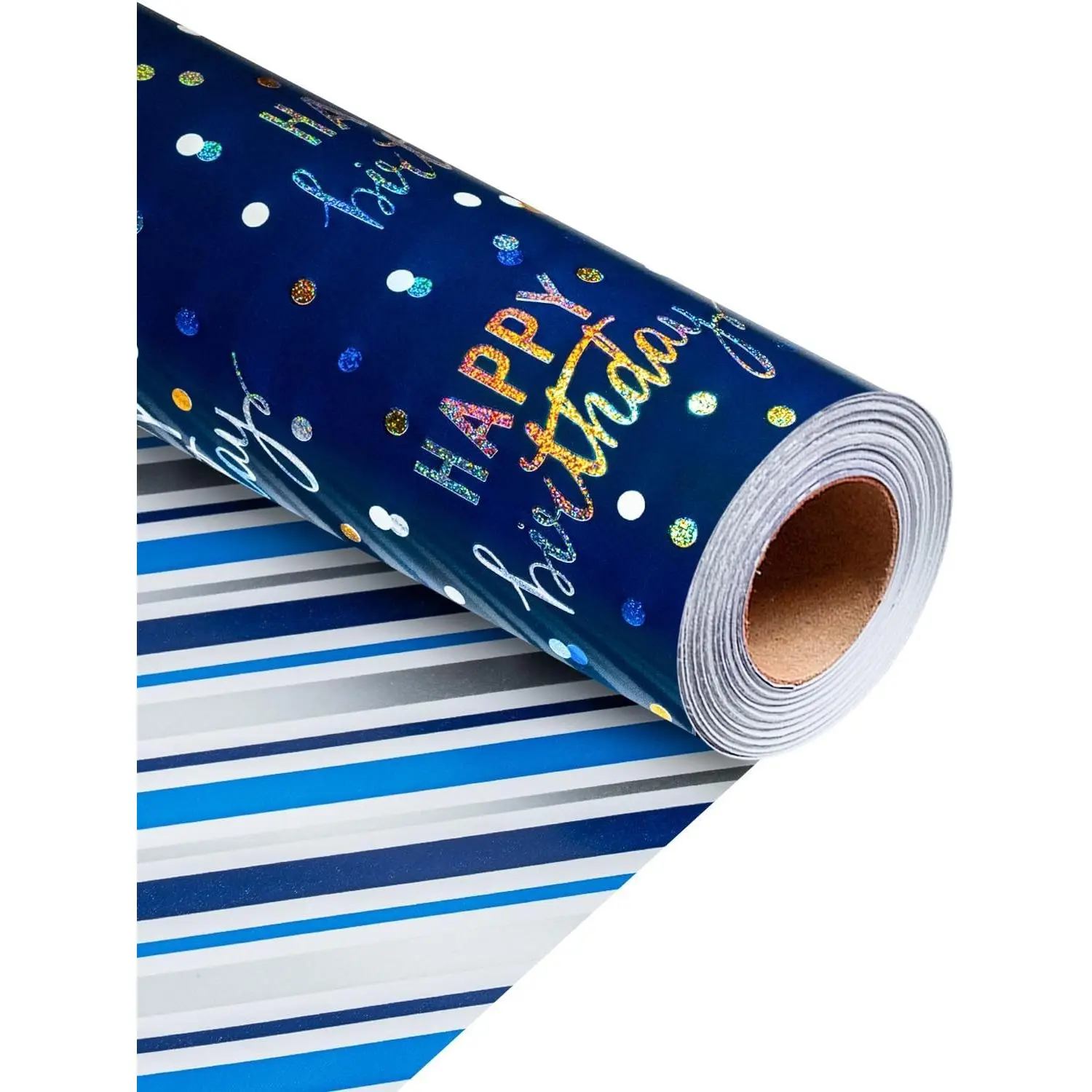 Birthday Wrapping Paper Roll, Blue Metallic Holographic Happy Birthday Wrapping Paper Featuring Revesible Stripe Gift Wrap Paper for Boys Kids Girls Men, 17 Inches x 33 Feet