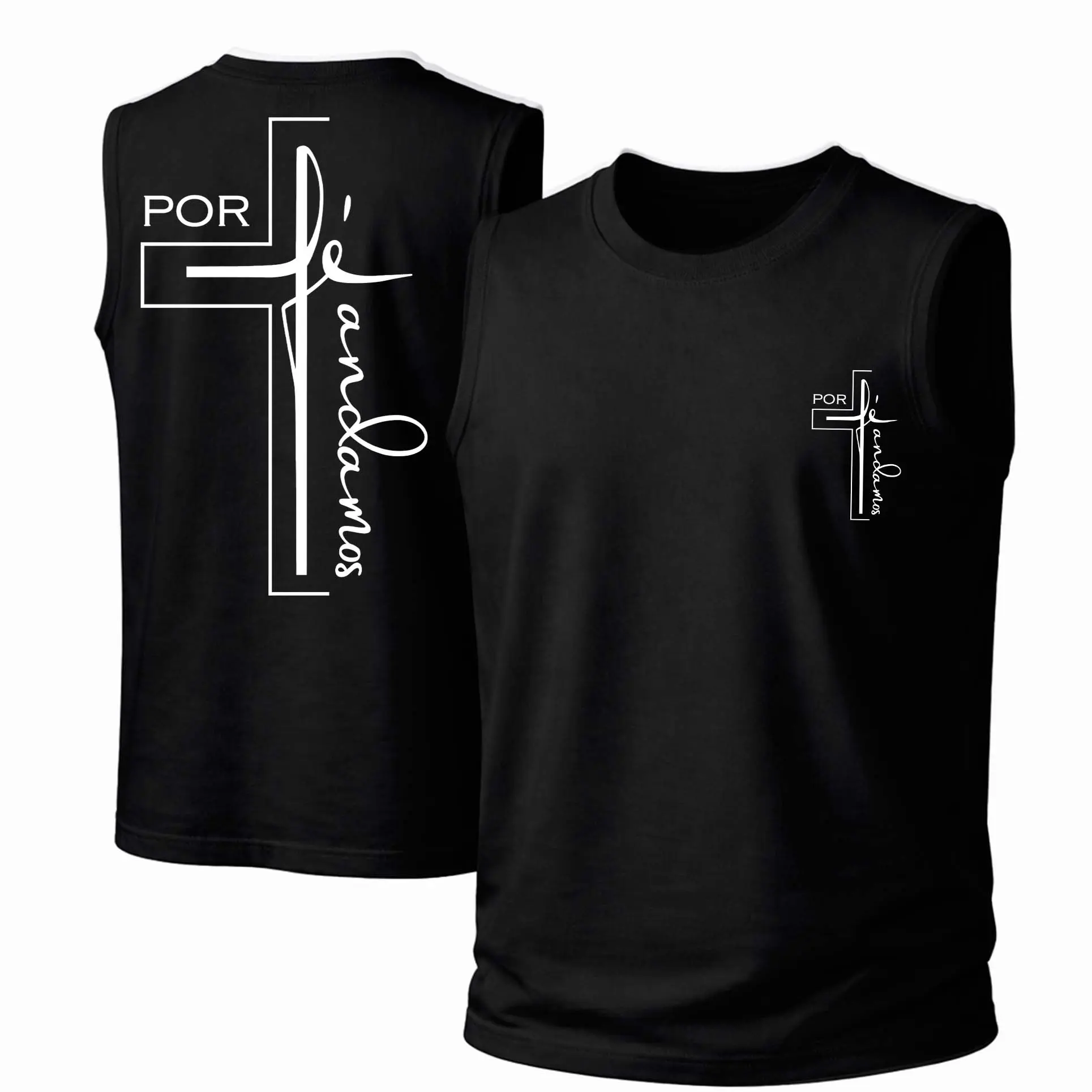 Cross Print Streetwear Tank Top, Loose Fit Unisex Garment in 100% Breathable Cotton Fabric, Retro Sleeveless Top for Summer, Menswear, Soft, Round Neck, Outdoor, All-Season, Printed, Casual, Hand Wash