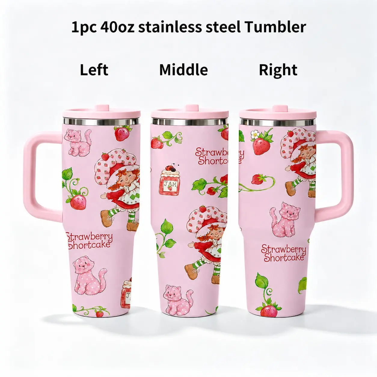 1PC 40oz Retro Strawberry Girl Pink Cat & Jam Pattern Stainless Steel Insulated Tumbler with Handle & Leak-Proof Lid, Double Wall Vacuum Travel Mug, Hot 12H Cold 24H, Large Capacity Cup for Men and Women, Birthday Gift