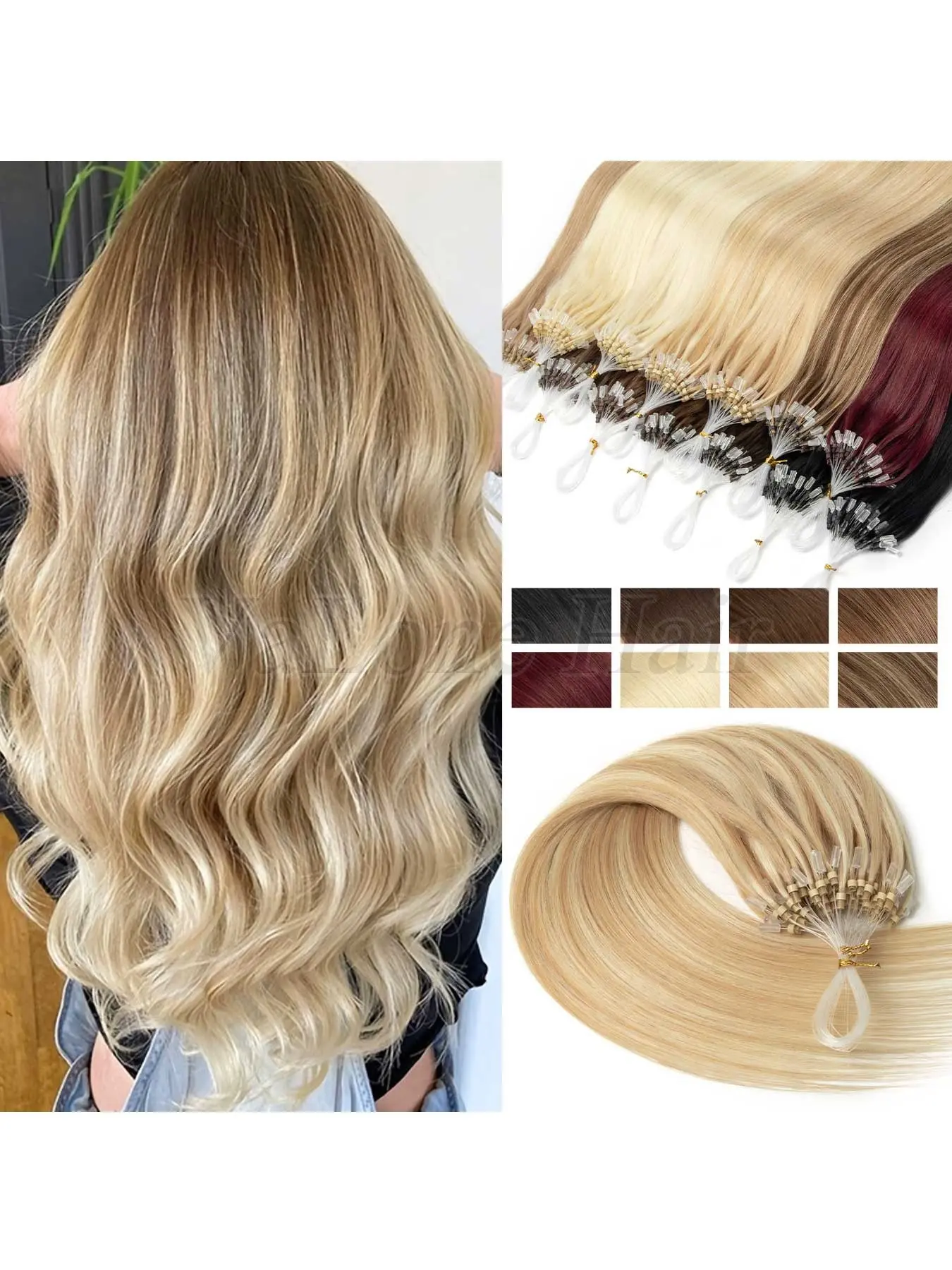 50 Strands Micro Loop Salon Hair Extensions, Real Human Hair for Women, Ultra Smooth and Super Soft Silky Straight Extensions, Microbead Installation