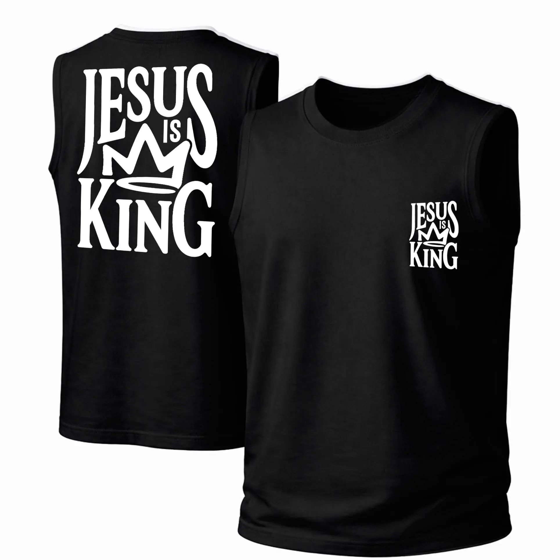 Menswear Unisex Crew Neck Tank Top - 'Jesus is King' Graphic, 100% Soft Cotton Fabric, Loose Fit, Breathable Sleeveless, Multi-Size for Casual Wear