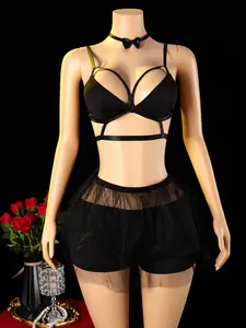 Strap Bra Set with Tutu Skirt, Seductive Three-Piece with Collar, Mesh Dress, Perfect for Singles Party, Edm Party, Halloween Costume