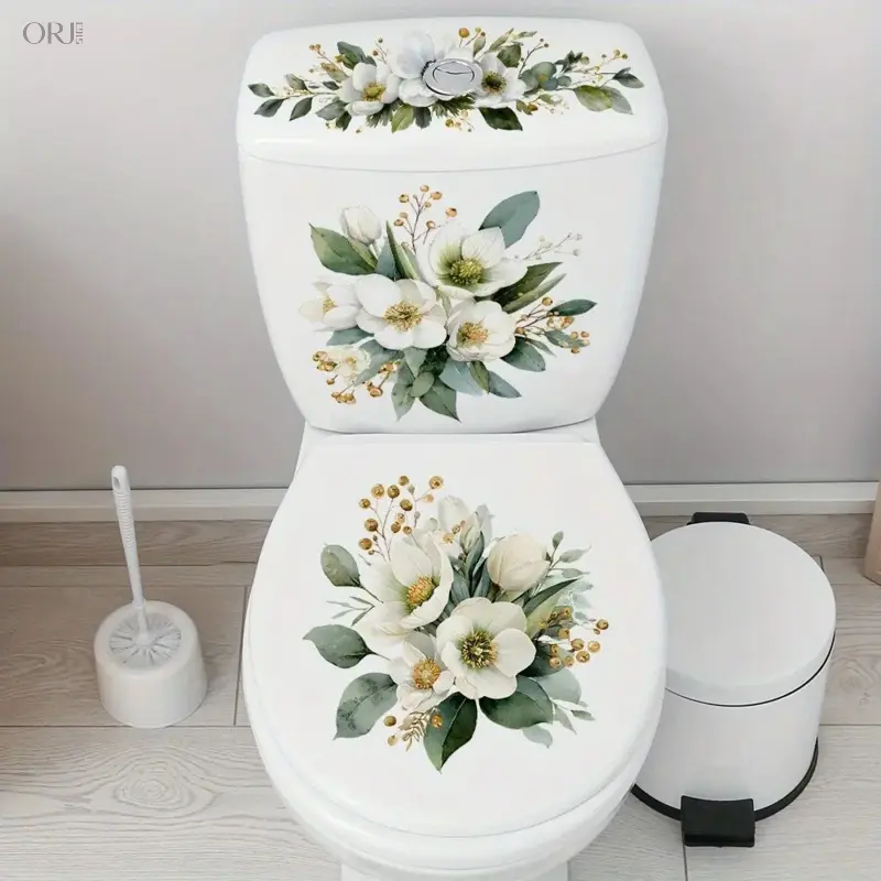 2026 Aesthetic White Floral PVC Toilet Lid Decal (1 Set), Self-Adhesive Removable Durable Bathroom Decor Sticker, Easy to Apply Renter-Friendly DIY Refresh Restroom Accessory, Enhances Overall Look for Rental Homes, Gift for Moms