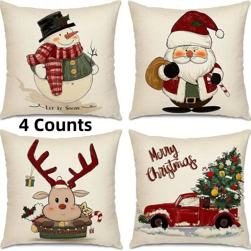 Festival Themed Cushion Cover without Filler, 4 Counts/set Cute Cartoon Pattern Throw Pillow Cover, Household Decoration Supplies for Living Room Bedroom