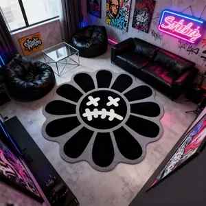 Round Bedroom Carpet, Fashionable Floral Mat, Creative Hip-Hop Style, Suitable for Young Adults, Reflective Short Velvet, Hand Wash Only, Decorative Area Rug