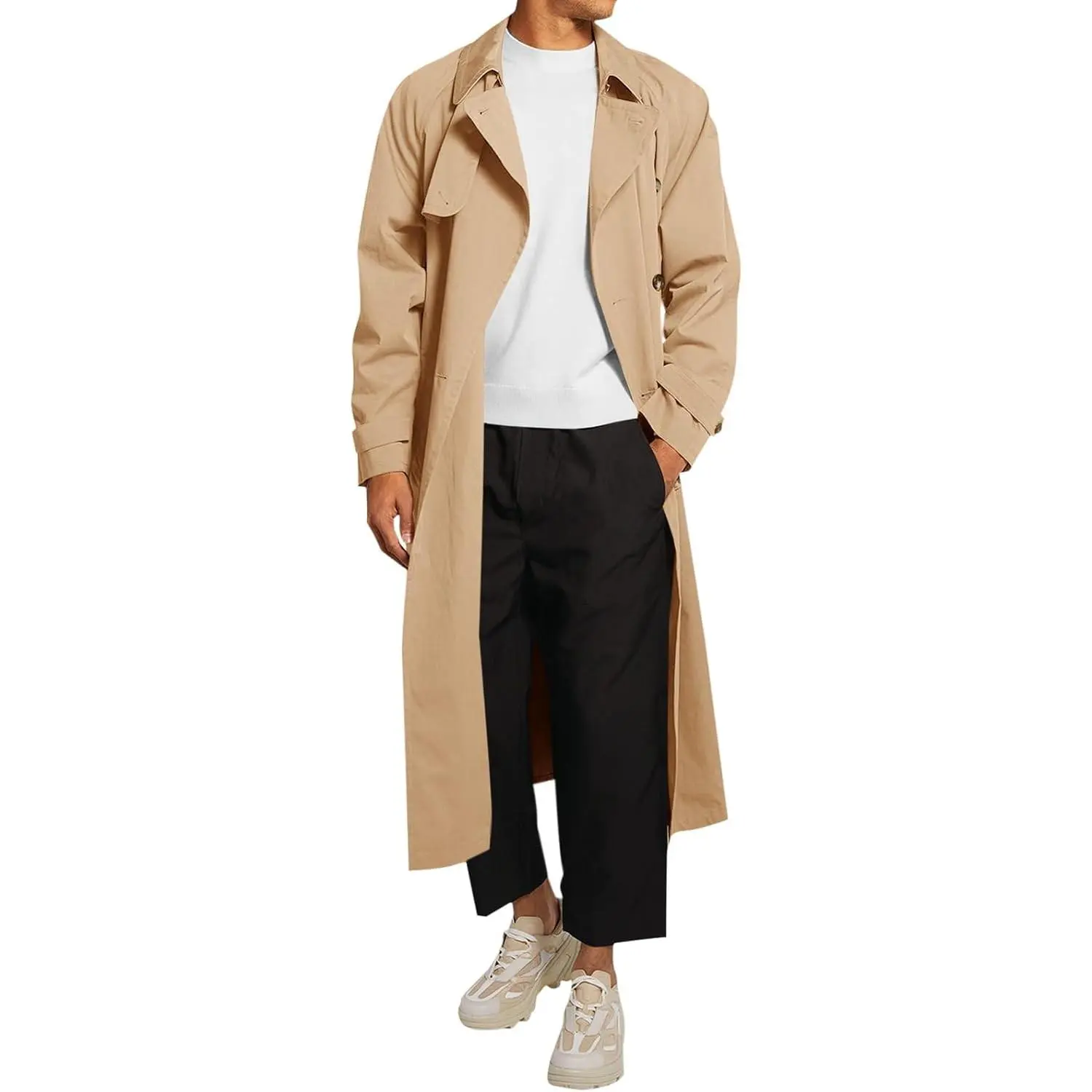 Mens Double Breasted Trench Coat Notch Lapel Windbreaker | Long Jacket, With Belt, Lapel Collar, Windproof