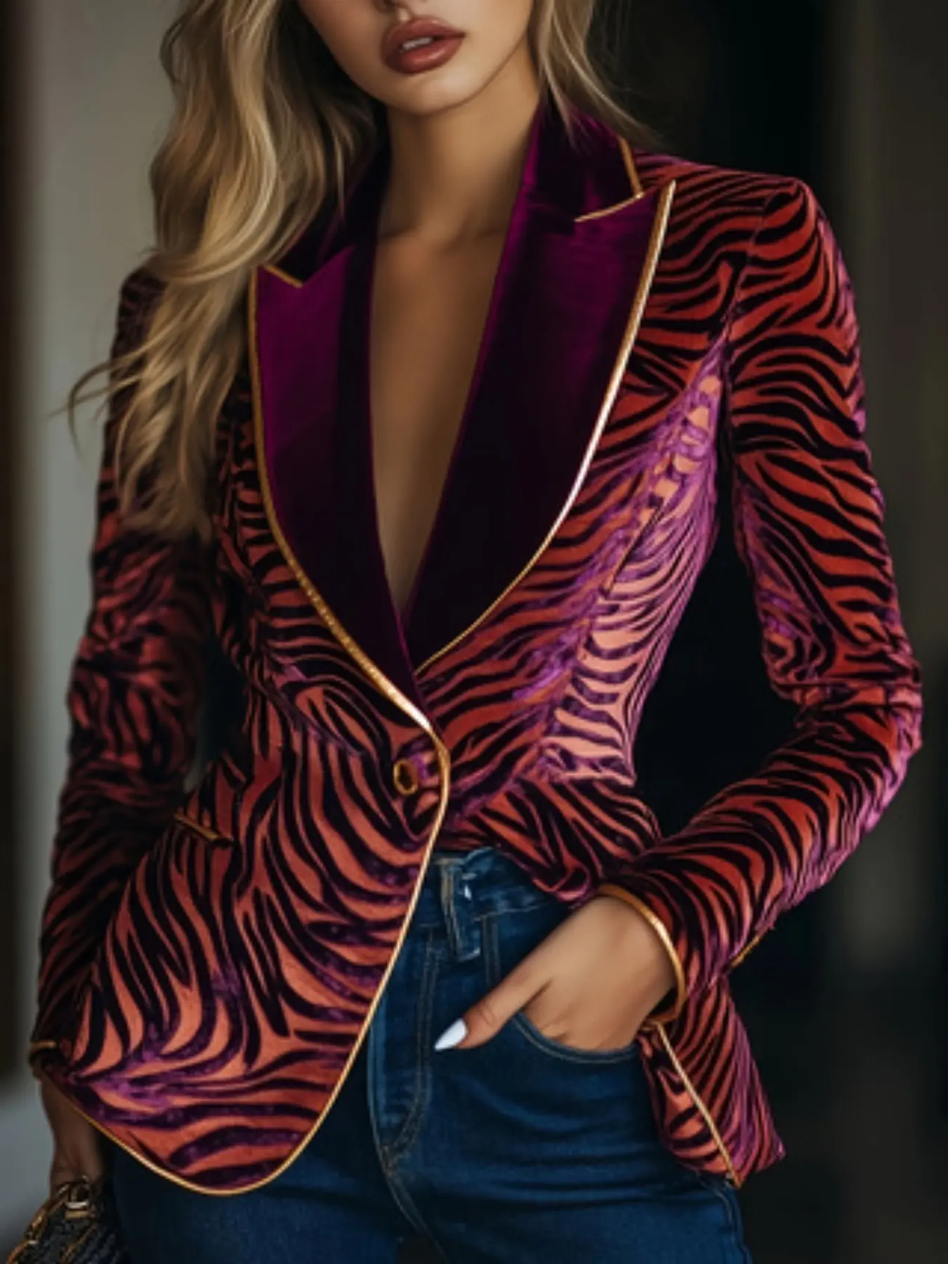 Women's New Zebra Print Lapel Casual Chic Blazer Jacket, Minimalist Slim-Fit Long Sleeve Outerwear, Spring & Fall Fashion, Colorblock Design