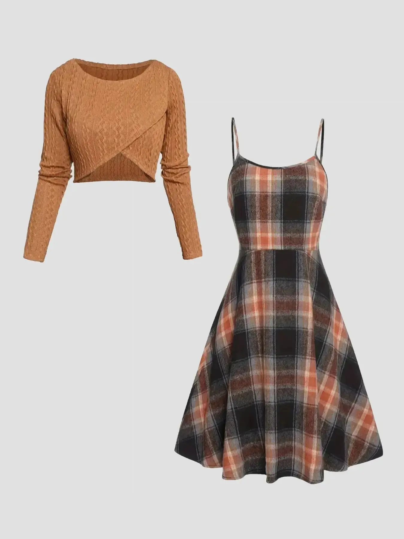 Women's Solid Wrap Hem Round Neck Textured Long Sleeve Crop Top & Plaid Print A-Line Dress Set, Preppy Fashion Cozy Stretchy Casual Chic Outfit for School, Daily & Casual Wear, Women's Clothing for Spring & Fall, Casual Lightweight Dress