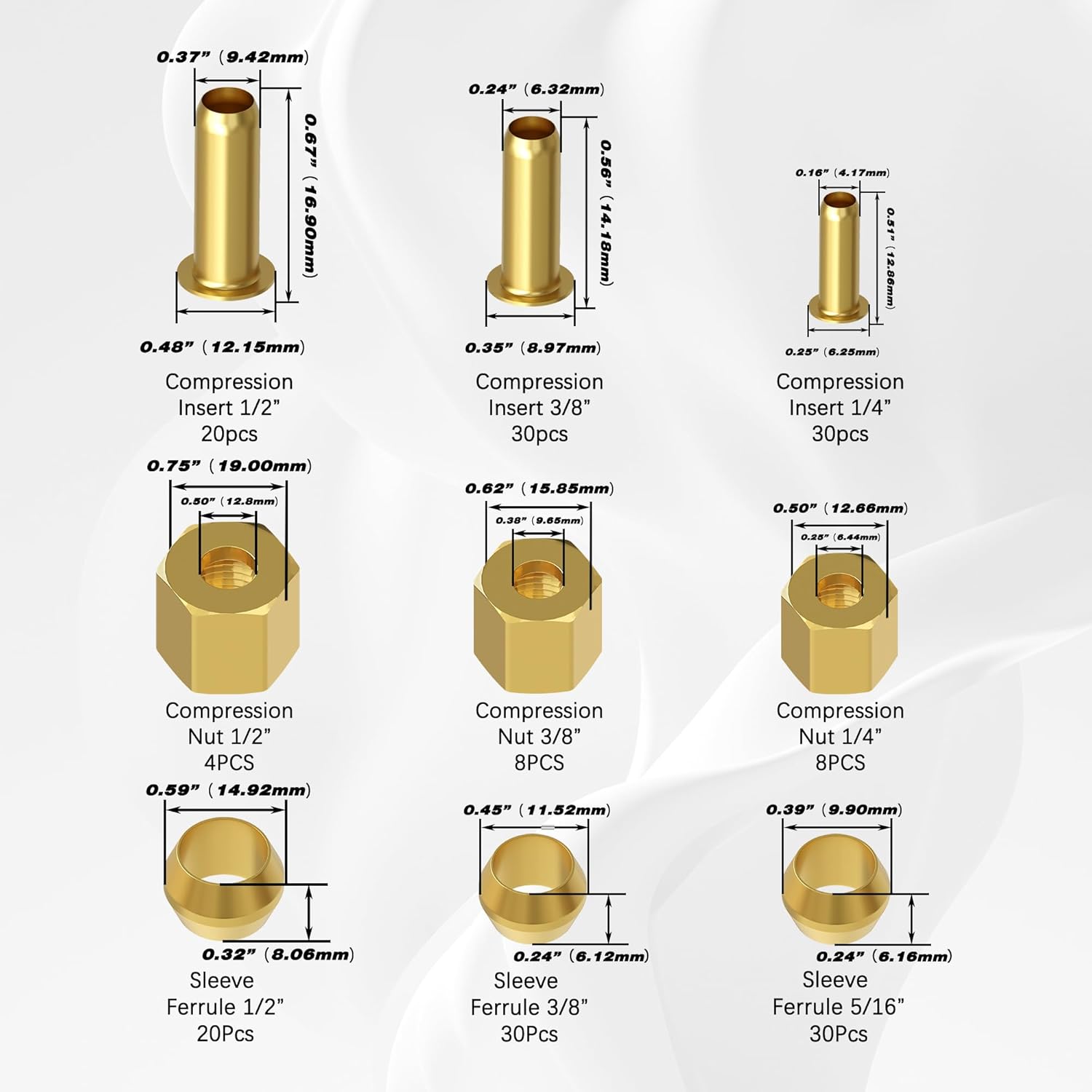180 count Compression Fittings Assortment kit - 3 sizes (1/4", 3/8", 1/2") of Brass Compression Sleeve Ferrule, Insert and Nuts, to Connect Lines for Air,Water,,Oil and Inert