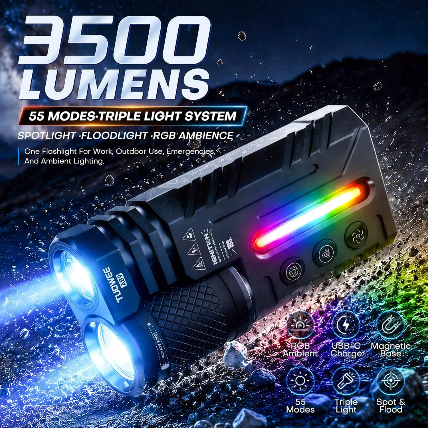 Rechargeable Edc Flashlight, Handheld Spotlight, 3500lm Dual-Core LED, Fixed & Zoomable Beams, RGB Ambient Light, Magnetic Base, USB-C Charging, Camping, Emergency