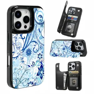Blue Musical Note Floral Card Holder, This phone case features a card slot function, can store bank cards, transit cards and other cards, suitable for iPhone 17/16/15/14/13/12, and makes a great gift for girls.