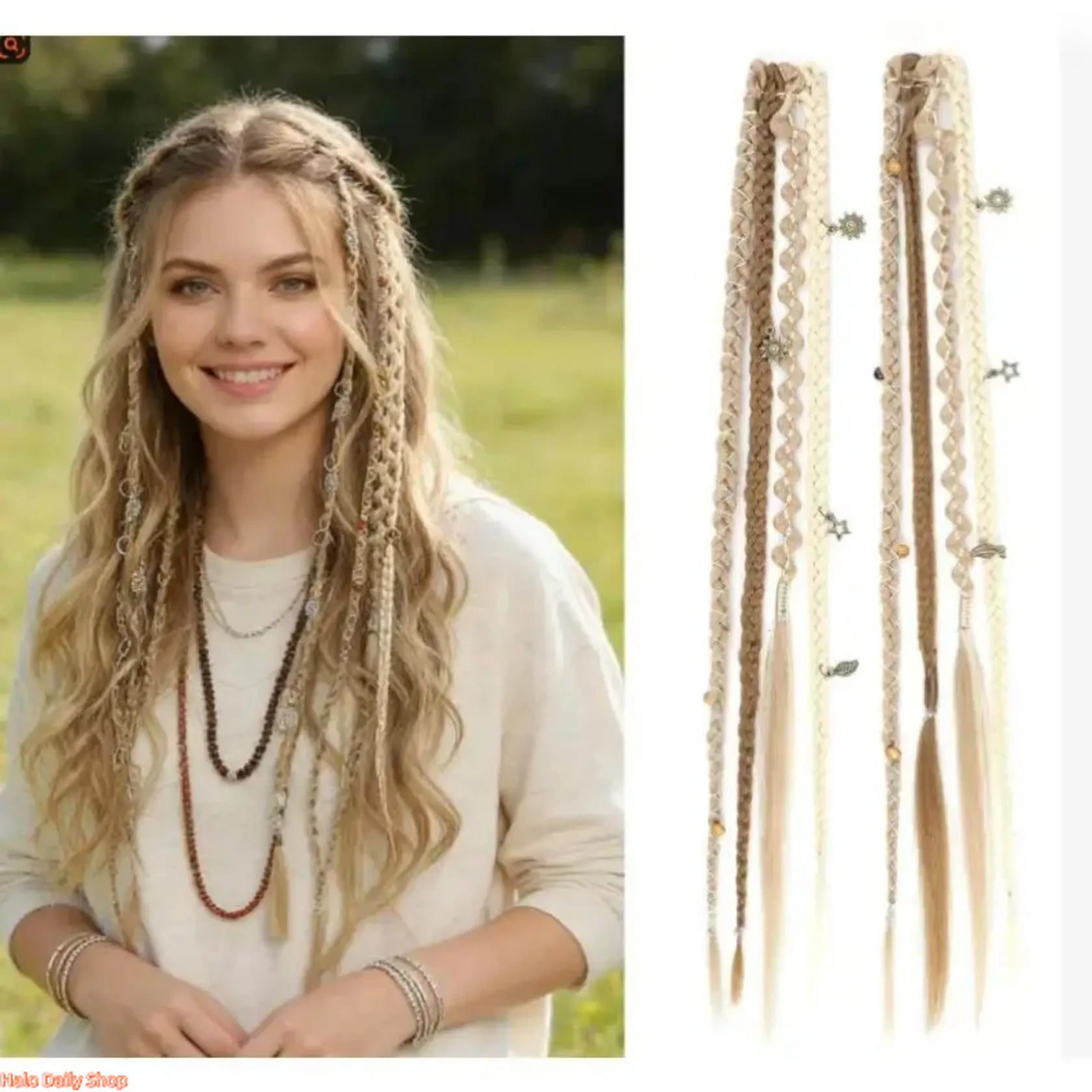Hair Extensions, 2Pcs 20 Inch Clip In Braid Hair Pieces, Boho Handmade Dreadlocks with Beads and Charms, Soft Synthetic Hair Decor for Daily Looks, Cosplay and Party Styling