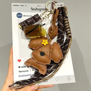 Cute PU leather teddy dog accessory pendant, simulated lemon tea chocolate roll keychain, backpack decoration