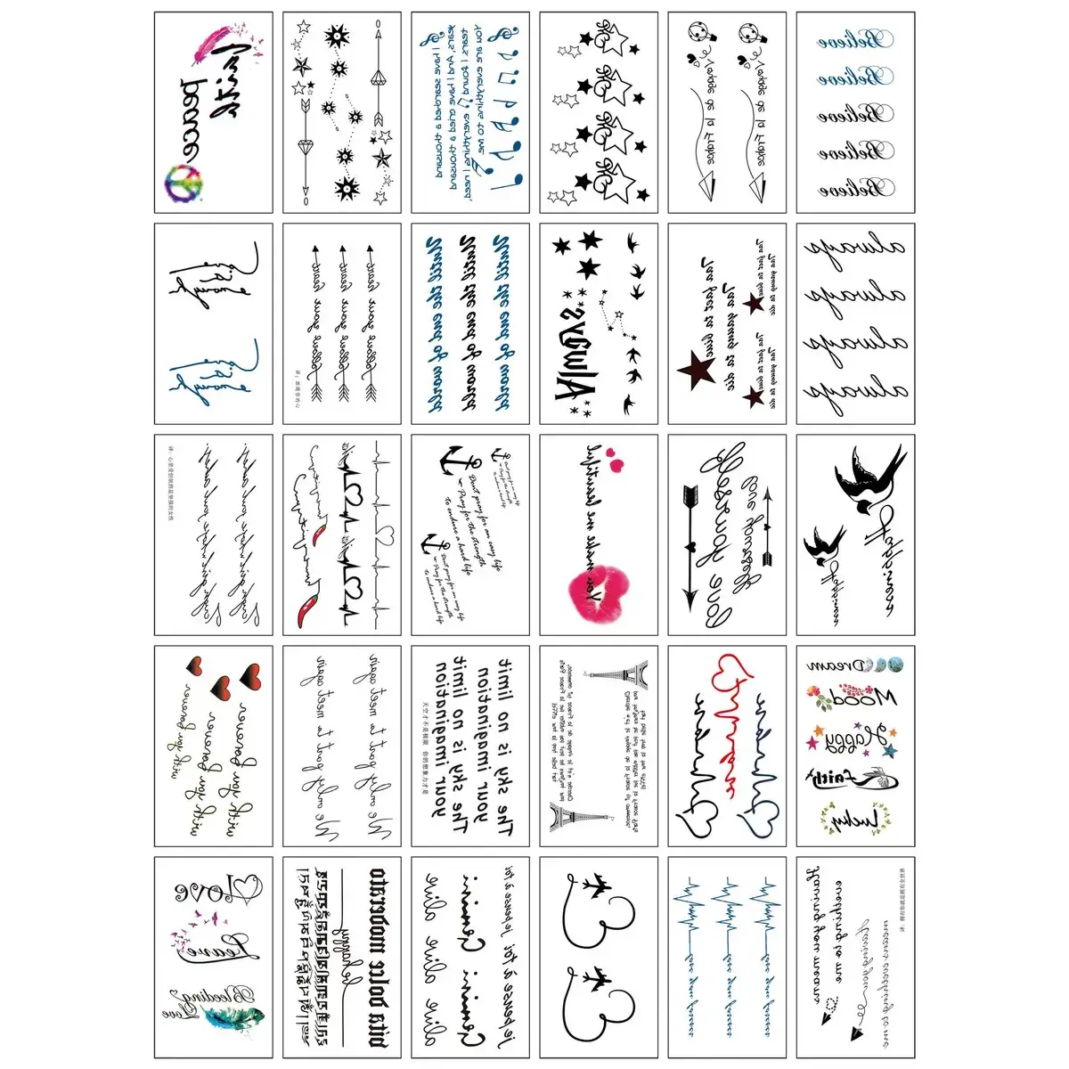 30Pcs Premium Small Fresh Temporary Fake Tattoo Stickers - Floral Shapes, Butterfly Stars, Letter Designs for Forehead Facial Decor