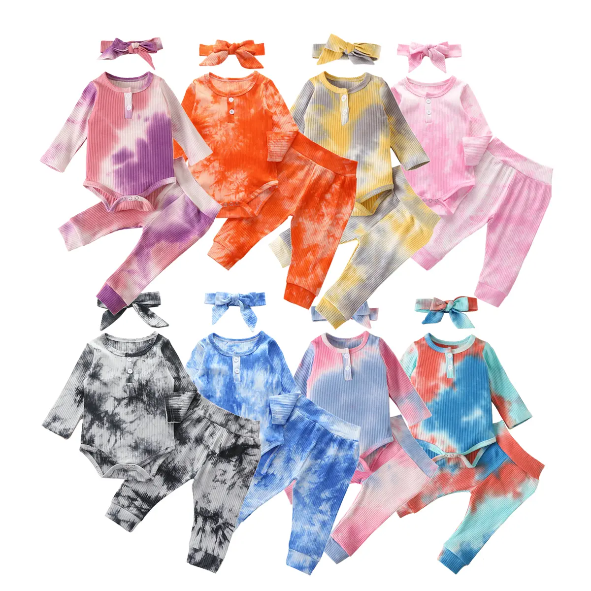 Soft Ribbed Tie Dye Baby Outfits 3Pcs Newborn Long Sleeve Button Romper Pants Bow Headband Boys Girls Fall Spring Daily Wear