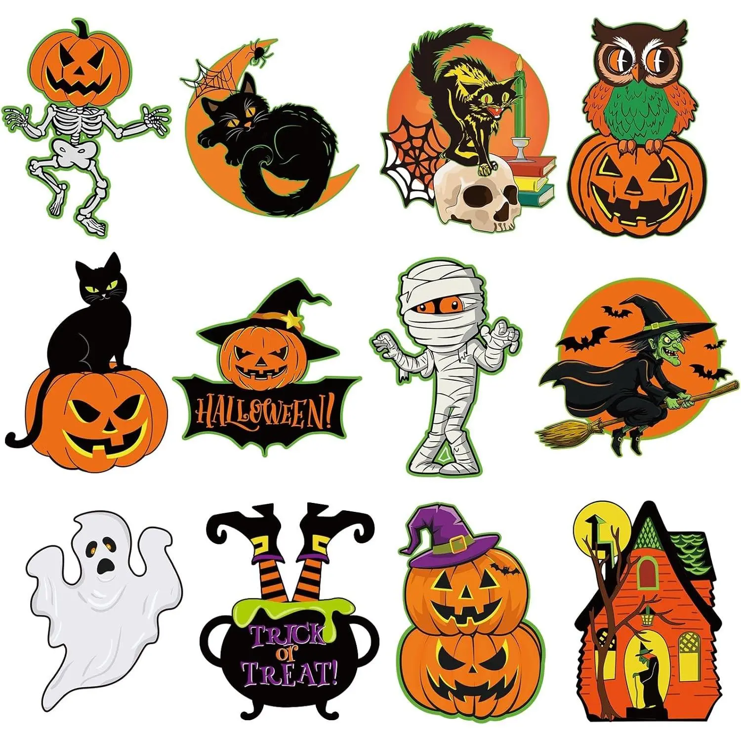 Large Vintage Halloween Decorations Cardboard Cutout Set of 12, Retro Spooky Ghost Cutouts Wall Decor Indoor Outdoor, Vintage Orange Green Black Paper Cut Outs Party Decoration (Large, Halloween)Gift