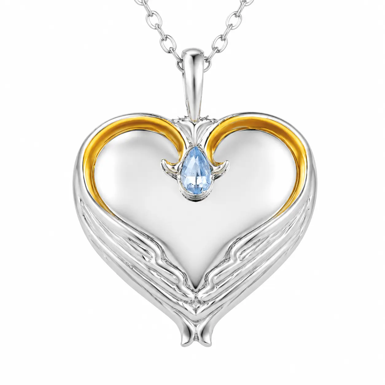 2-Tone Wing Heart Locket Pendant Necklace - Silver-Plated Vintage Costume Jewelry with Teardrop Simulated Blue Gem, for Dating, Wedding Gifts