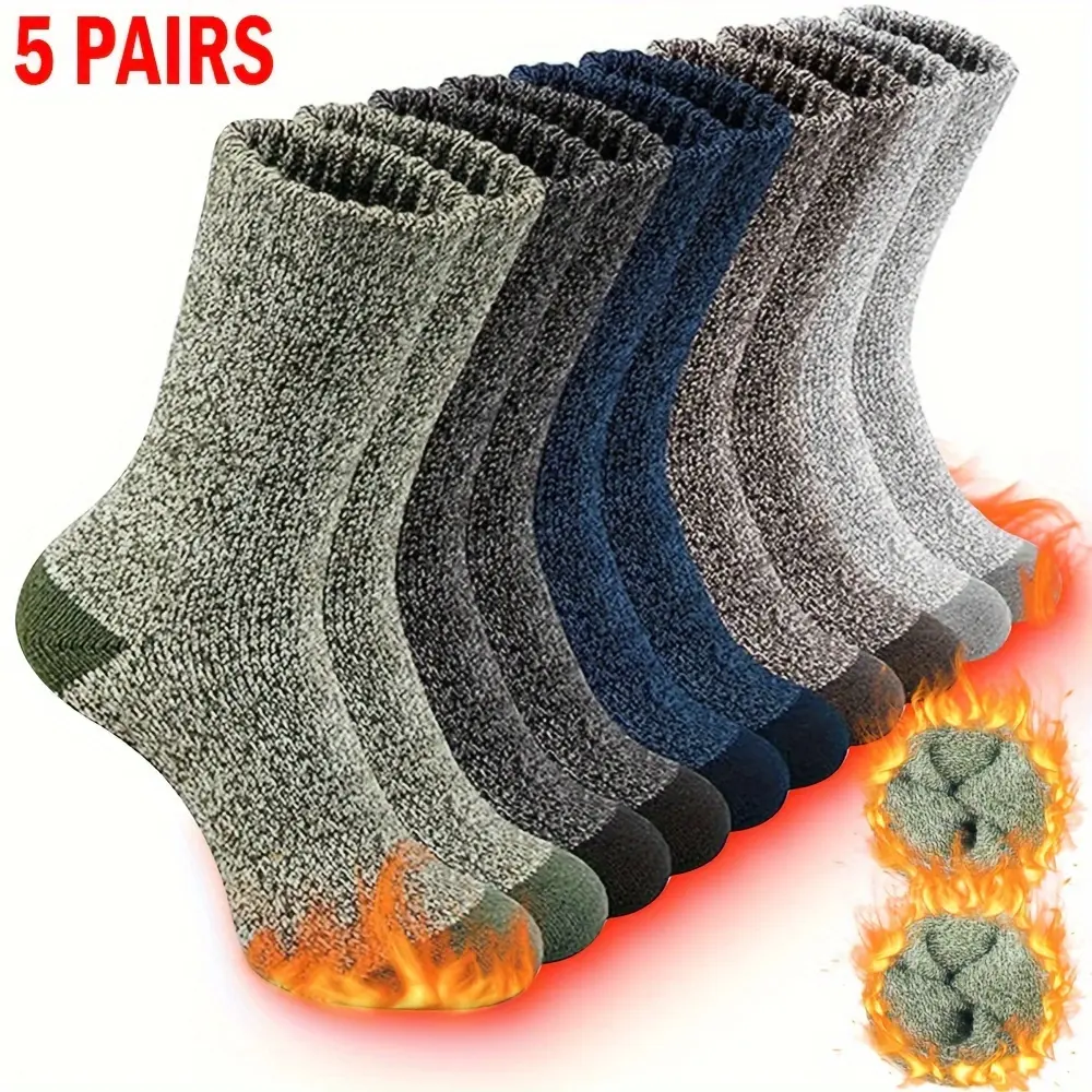 5pairs Thermal Warm Winter Socks 5pcs, Breathable Polyester Fabric, Comfortable Outdoor Socks for Hiking & Fishing, Easy Care & Machine Washable