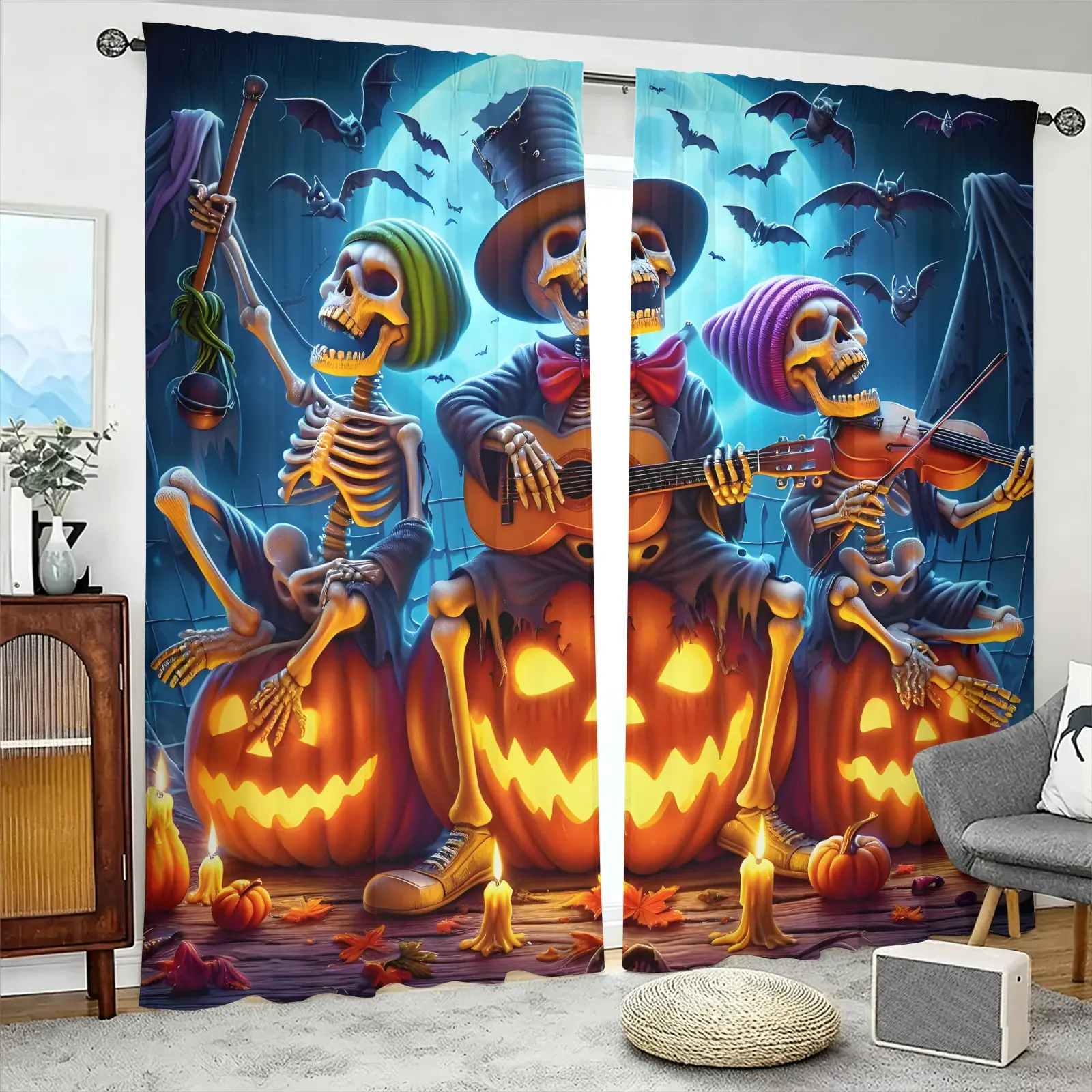 2Pack Halloween Skull Band Brushed Fabric Curtains, Soft Semi-Blackout Rod Curtains with Pumpkin Print, Perfect for a Festive Home DéCor.