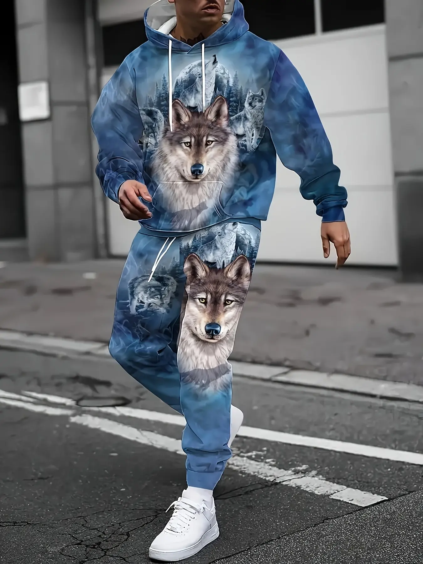 Men'S Casual Hooded Sweatshirt And Pants Set, Polyester Fiber Knit Fabric, Long Sleeve Animal Wolf Print, Regular Style, Suitable For Spring/Autumn Casual Wear