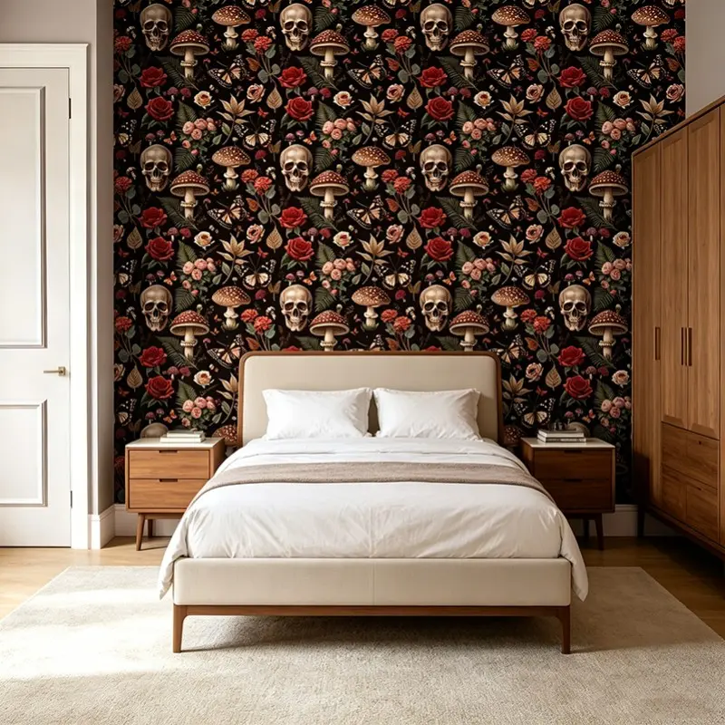Gothic Skull Wallpaper, Peel and Stick, Dark Botanical Halloween Mural, Bathroom Bedroom Decor, Housewarming Gift, Home Decor