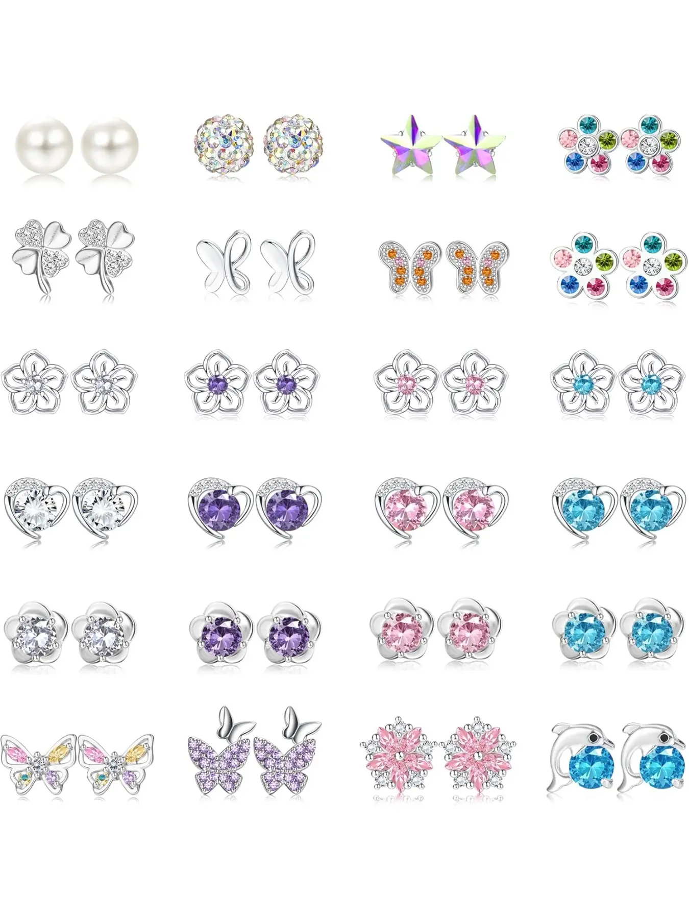 24 Pairs 925 Sterling Silver Stud Earrings Set, Cubic Zirconia, Pearl Crystal, Floral Pattern, Casual Style, All Seasons Jewelry