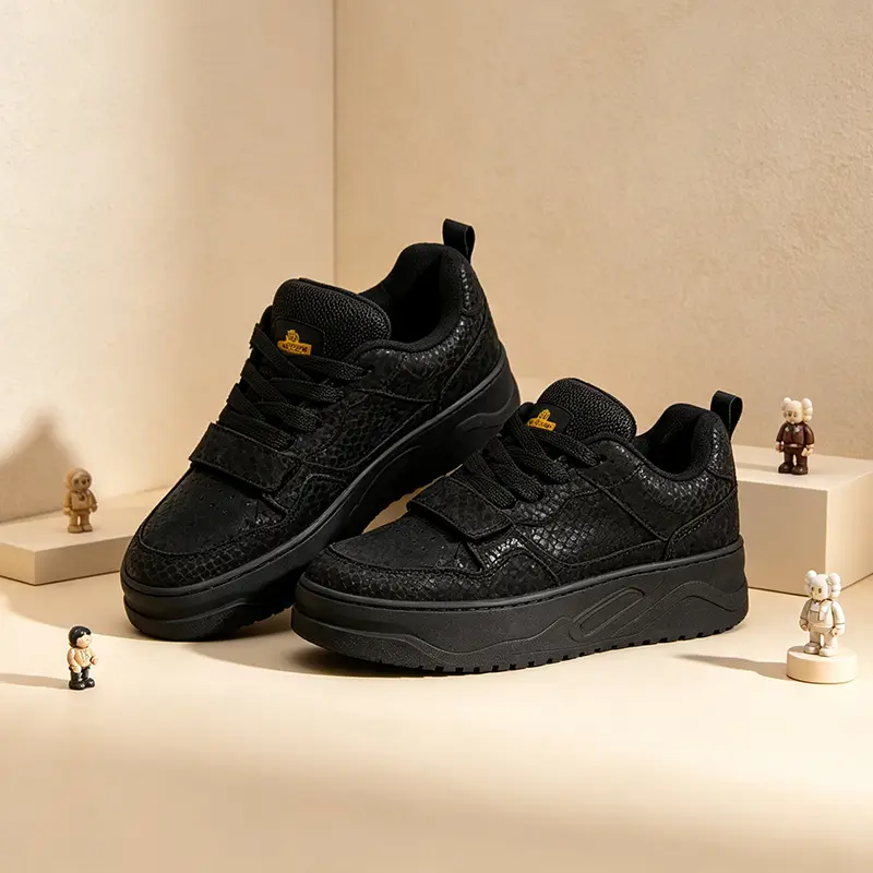 Unisex All Black Dragon Scale Pattern Platform Sneakers Hip Hop Thick Bottom Velcro Street Skate Shoes Men Women Casual Footwear