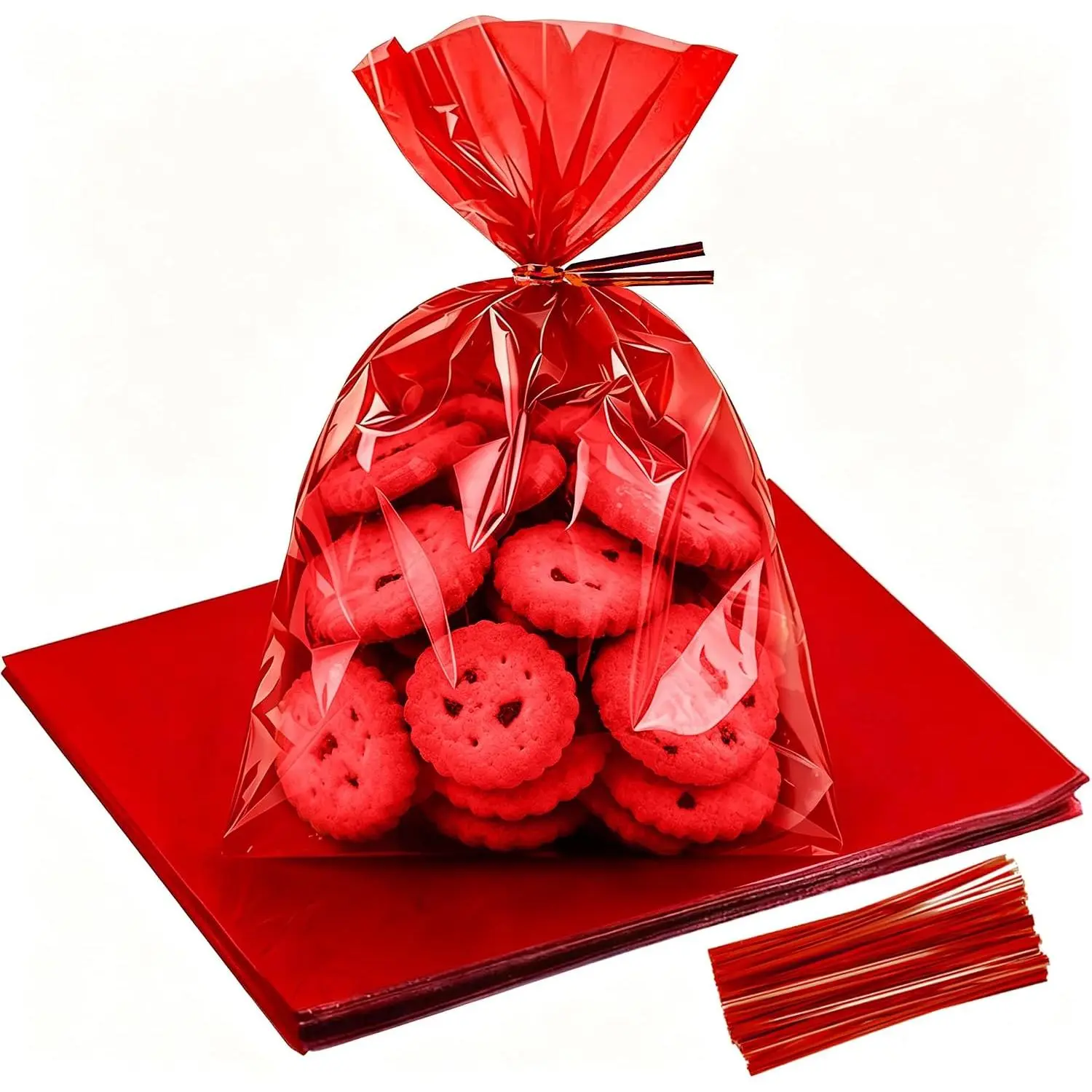50 count Red Cellophane  Bags – 8×11 Inch Large Solid Color Candy Bags with 60 Twist Ties for Party Favors, Cookies, Holiday Gifts & Goodies – Clear Plastic  Bags for  & Crafts