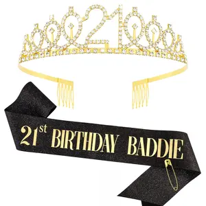 21st Birthday Baddie Sash and Crown -  Glitter with Black Foil Birthday Sash for Women and Men Funny 21st Party Decorations Baddie Accessories