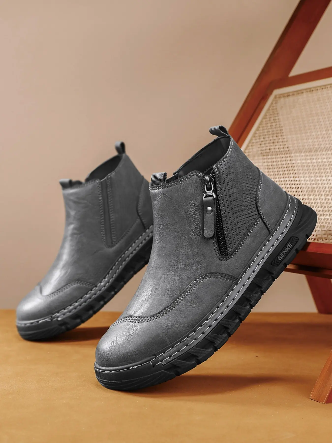 Men's Retro Side Zip Work Boots, High Top Slip-On Shoes, PU Leather, Rubber Sole, Casual All-Season Footwear, Comfortable & Stylish, Zipper Boot