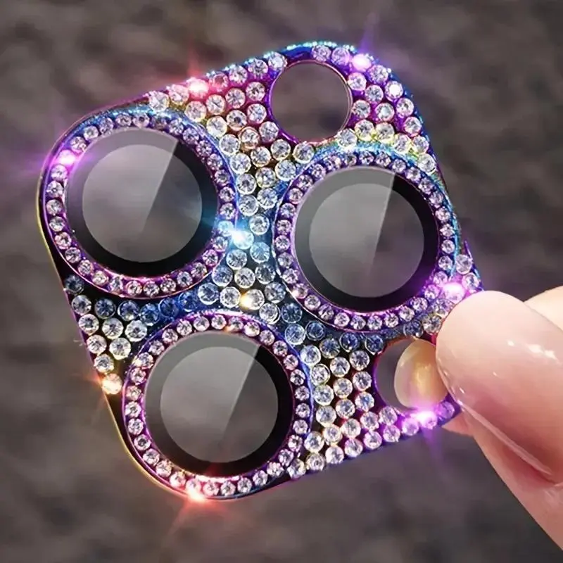 Luxury Glitter Rhinestone Metal Camera Lens Protector, Tempered Glass Full Cover Sparkly Diamond Ring Shield, Bling Phone Camera Protection Accessory