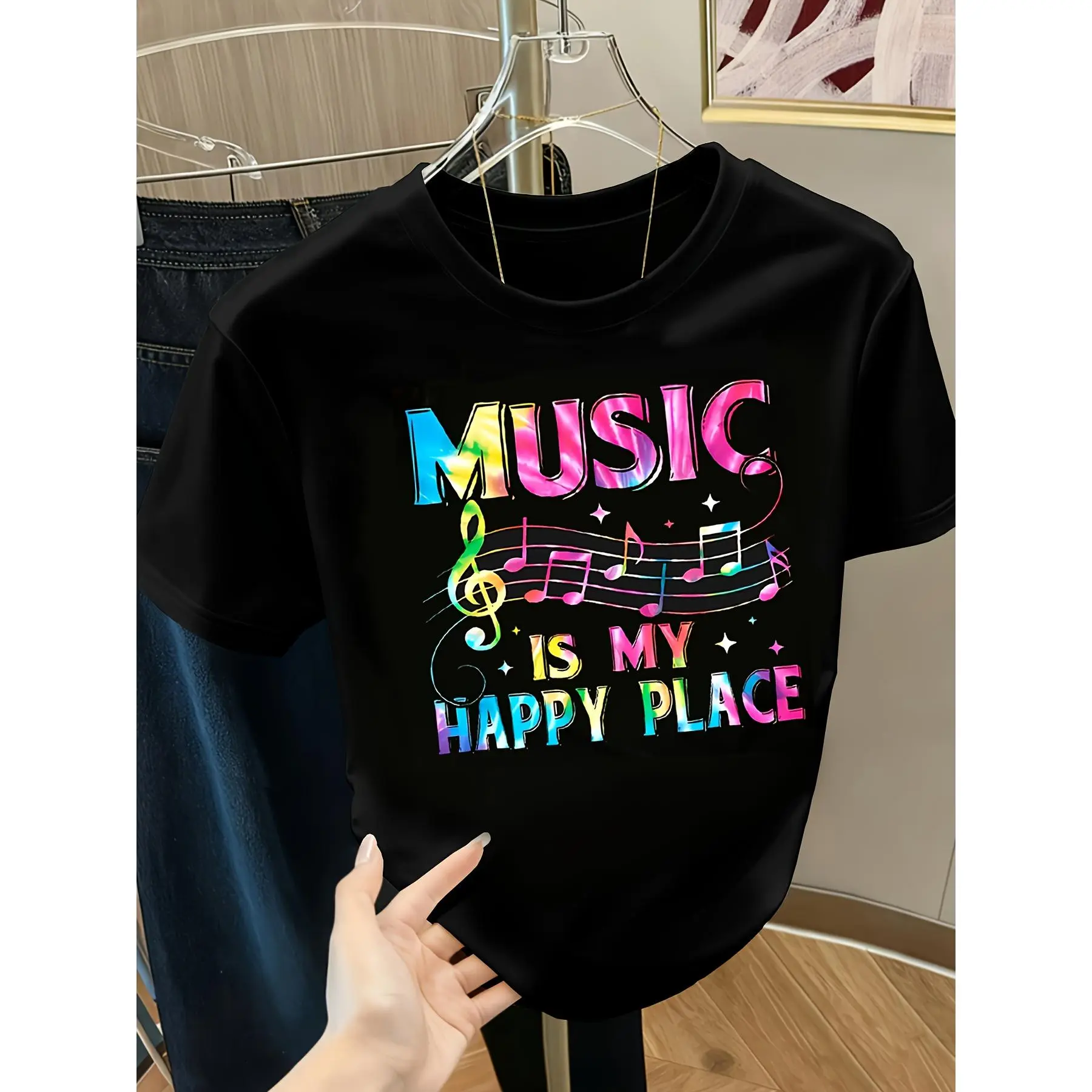 Music Is My Happy Place Printed Short-Sleeve Round-Neck  for Women. casual sport funny sarcastic trendy day gift comfortable street style tee black cotton graphic  viral tiktok good graphic tee men