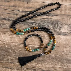 8mm Black Onyx Yellow Tiger Eye African Pine Bead Necklace 108 Mala Jewelry