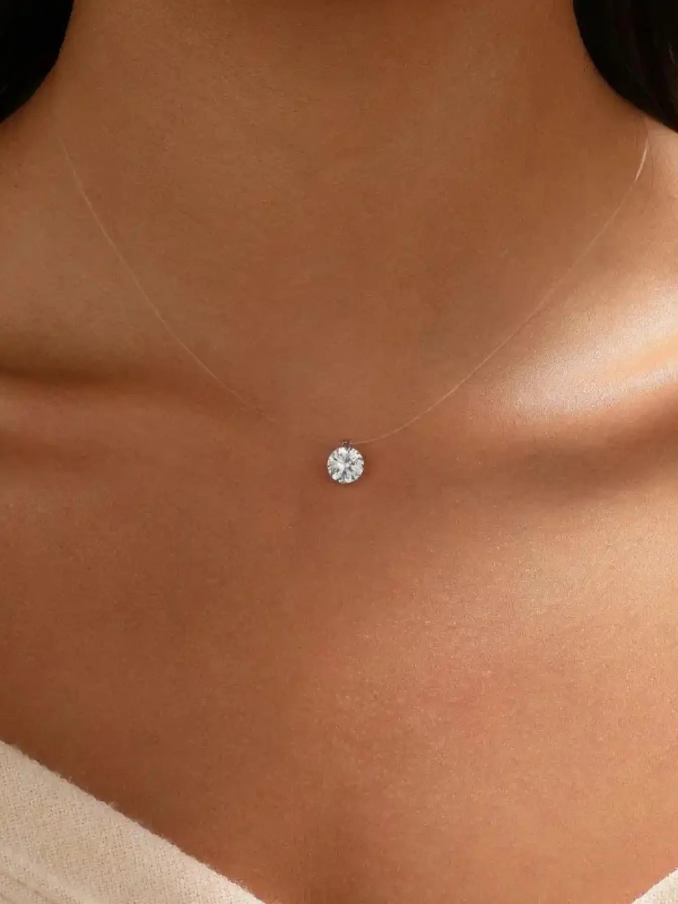 Women's Floating Cubic Zirconia Pendant Necklace on Invisible Transparent Cord, Minimalist Choker Adjustable Length, Everyday Layering Jewelry, Fashion Minimalist Necklace, Minimalist Pendant, For Woman, Gift, summeroutfits