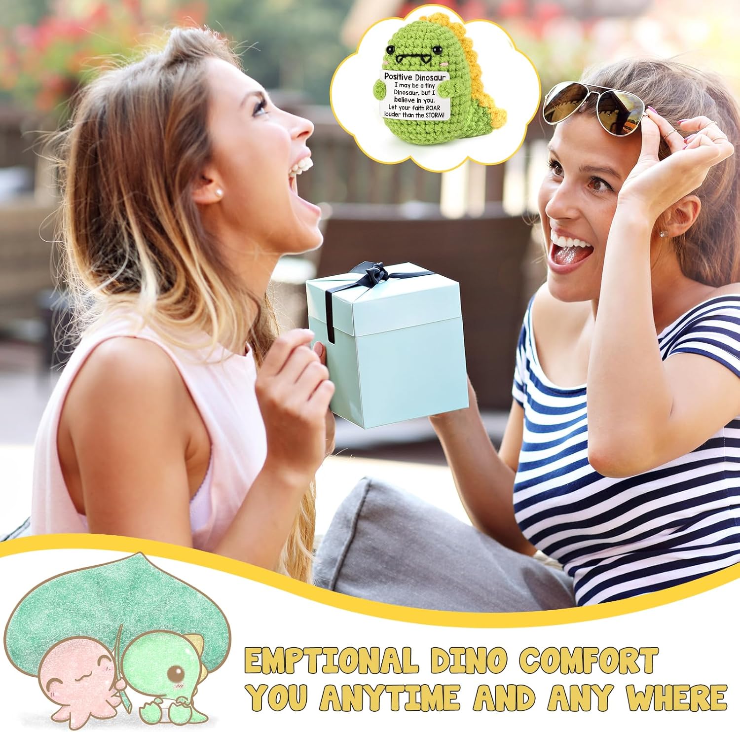 Cute mini handmade inspirational dinosaur plush! This little positive crochet dino is the perfect sweet gift for friends, family, colleagues and loved ones. Great as encouragement presents, birthday gifts and Christmas stocking stuffers for everyone.