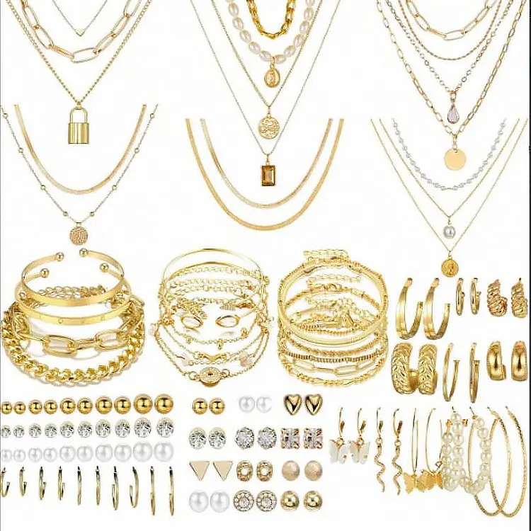 108-Piece Women's Jewelry Set, Western Alloy Stackable Rings, Bracelets & Heart Necklaces Earrings Set for Valentine's Day, Fashion Jewelry Set