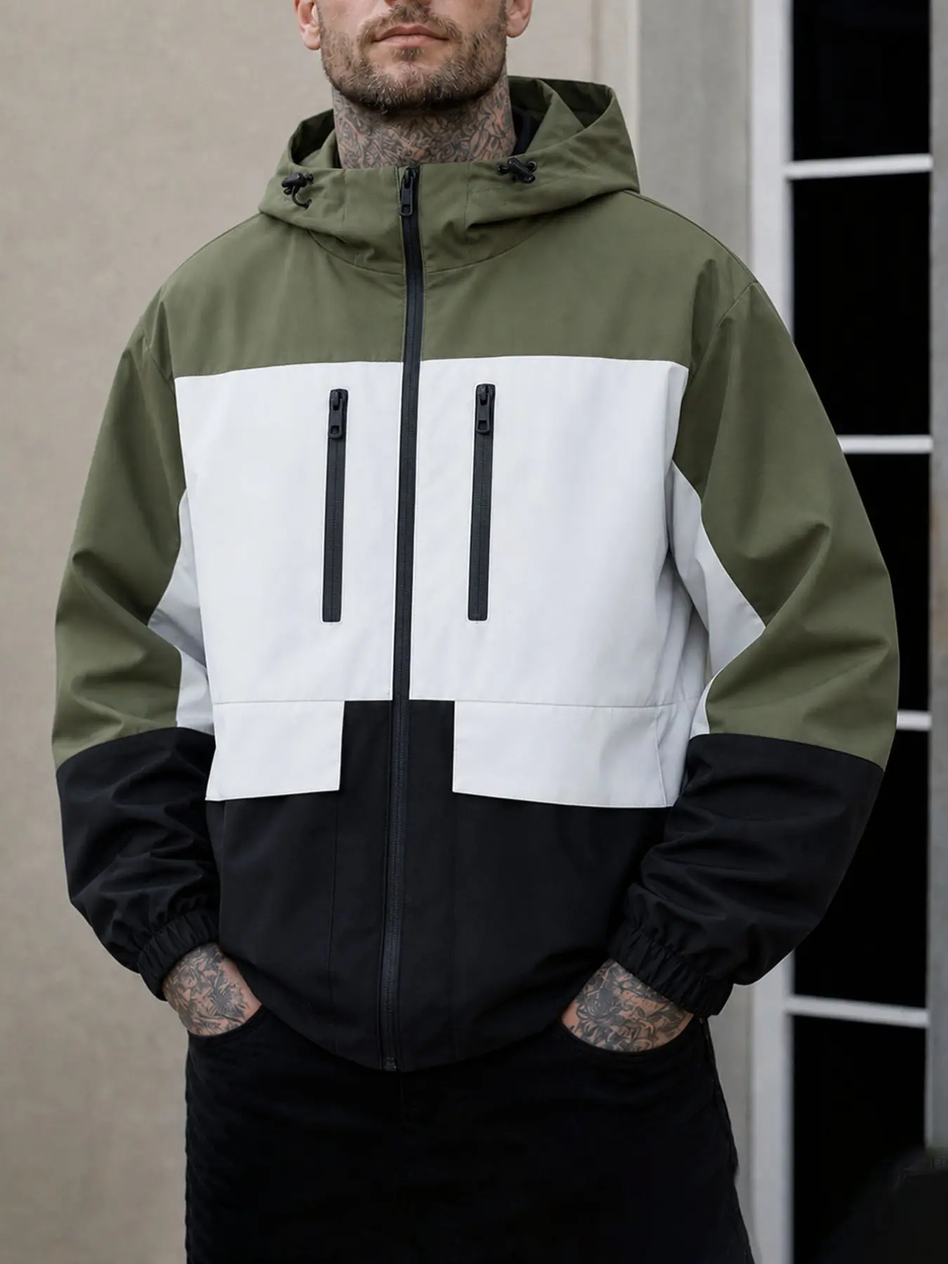 Men's Military Three-Color Hooded Jacket, Front Dual Zipper, Drawstring Hood, Elastic Sleeve Cuffs, Casual Outerwear