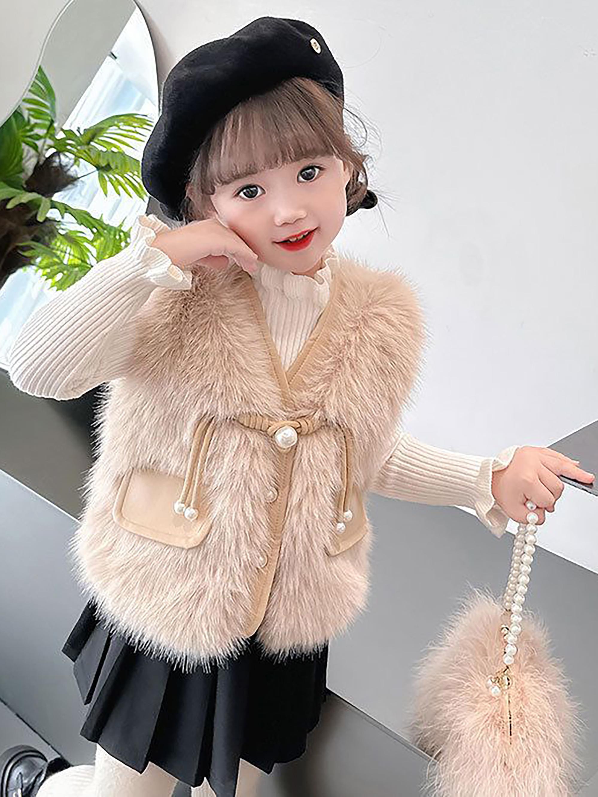 Girls' Thickened Winter Vest Jacket - Soft Pink Plush & Zipper Closure, Cozy Polyester Sleeveless Coat with Ruffled Collar & Waist Tie, Casual Elegant Outerwear for & Little Girls (Spring/Autumn) - Easy-Care Durable Design