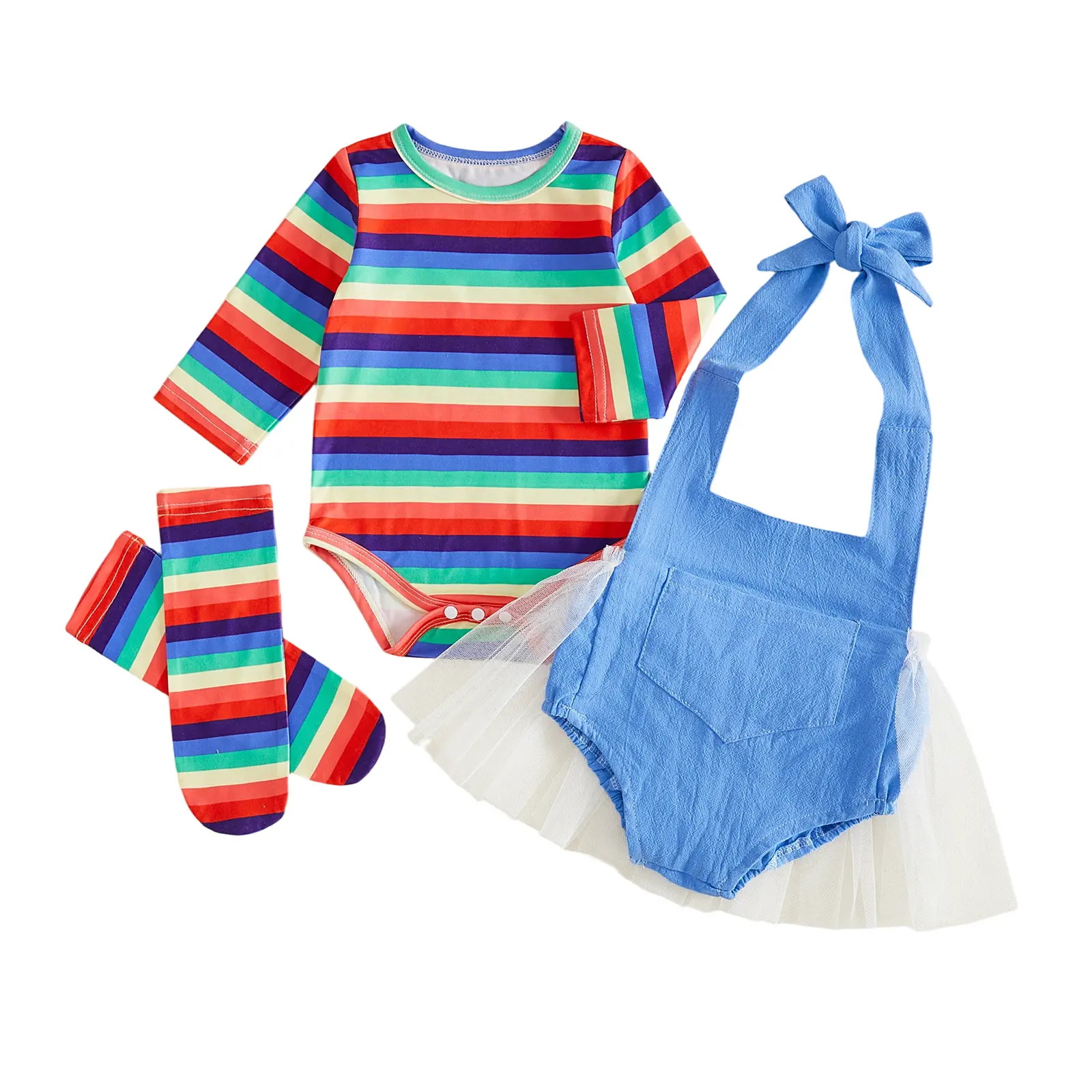 Toddler Girl Halloween Chucky Costume Set Rainbow Stripe Print Long Sleeve Bodysuit + Letter Pattern Romper + Long Socks