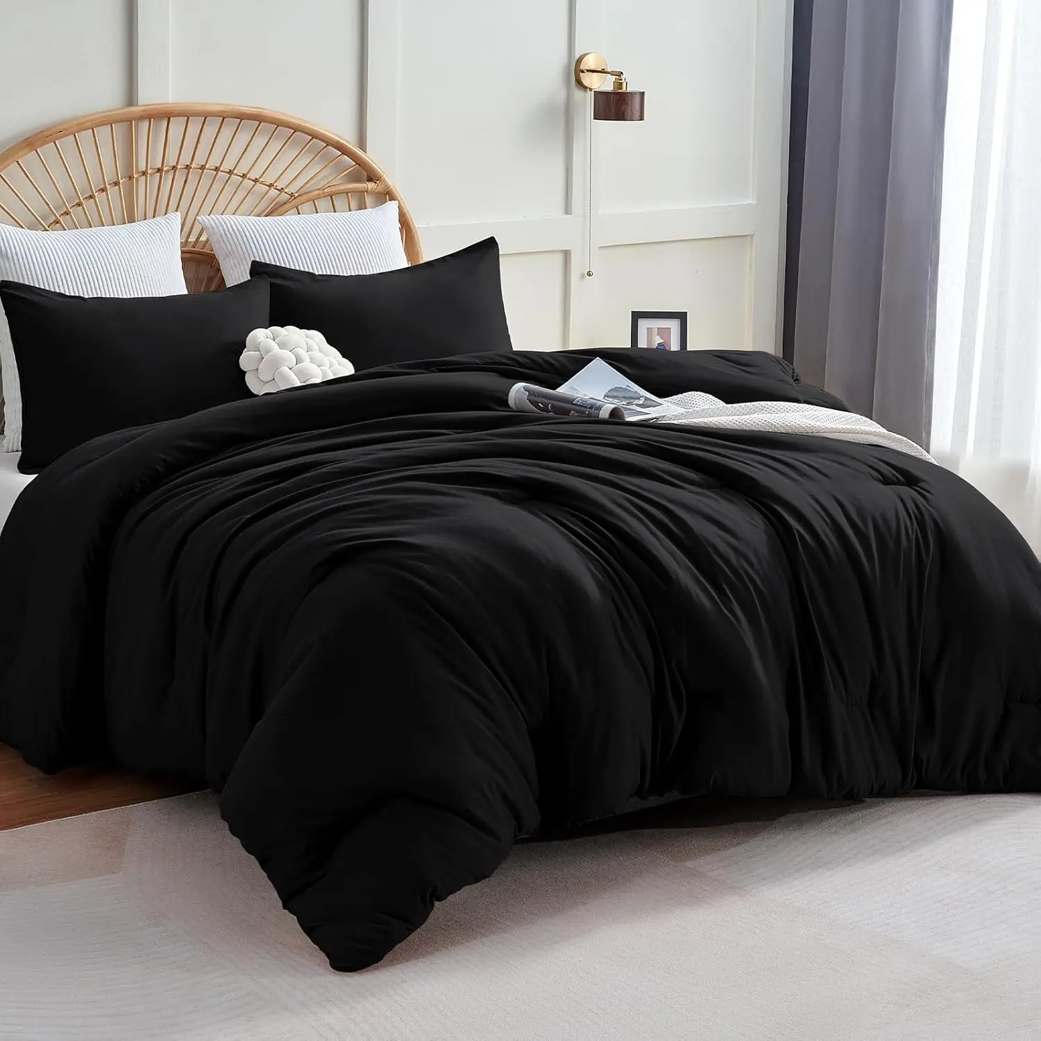 Queen Comforter Set, 3 Pieces Down Alternative Bedding, Black |   270 GSM All Season Comforter with 4 Corner Ties for Use as a Duvet Insert, OEKO-TEX Certified, 2 Pillowcases, 88 x 88 in