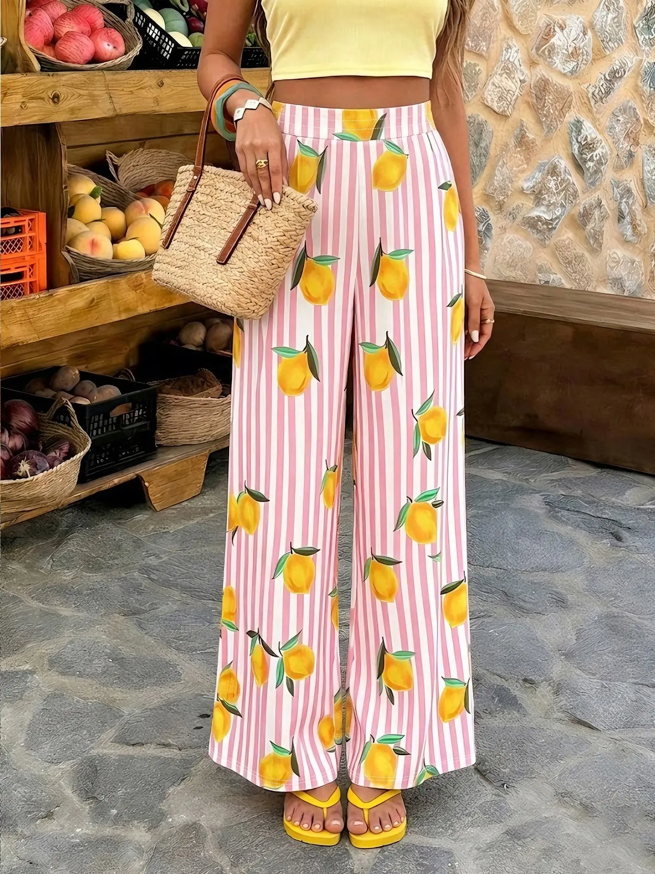 Women's Loose-Fit Straight-Leg All Seasons Trousers Pants, Fresh Striped Lemon Print Design, Ideal for Vacation and Casual Wear, All-Season Comfort, Casual Style Bottoms