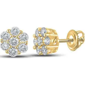 14K Gold Plated Flower Cluster Stud Earrings – Unisex Hip Hop Round Earrings, Iced-Out Style, Screw Back men's valentine's gifts