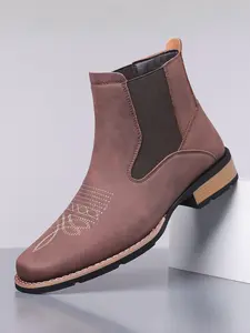 R003 Gold Thread Embroidered Chelsea Boots, Matte Soft Leather, Vintage Gold Pattern, Fall Winter Retro Fashion, Unique Style