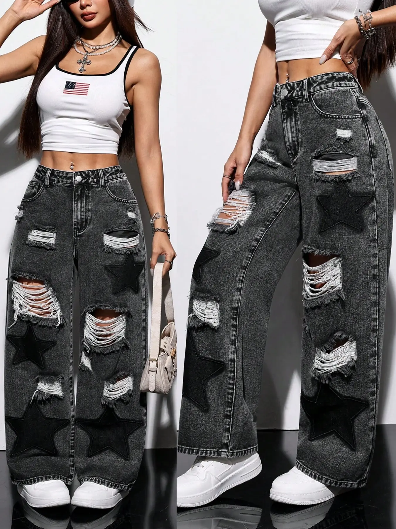Short Y2K High-Waisted Ripped Baggy Wide-Leg Jeans, Bottoms, Star Patch Denim Long Pants, Perfect for Casual Parties and Events