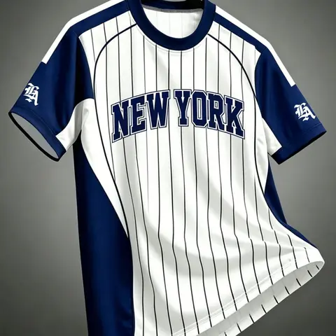 New Men's Vintage Pinstripe Color Block Baseball, Classic NEW YORK Letter Graphic Crew Neck Short Sleeve Casual Fan Sportswear, Sportswear Clothing, Street Fashion Tee