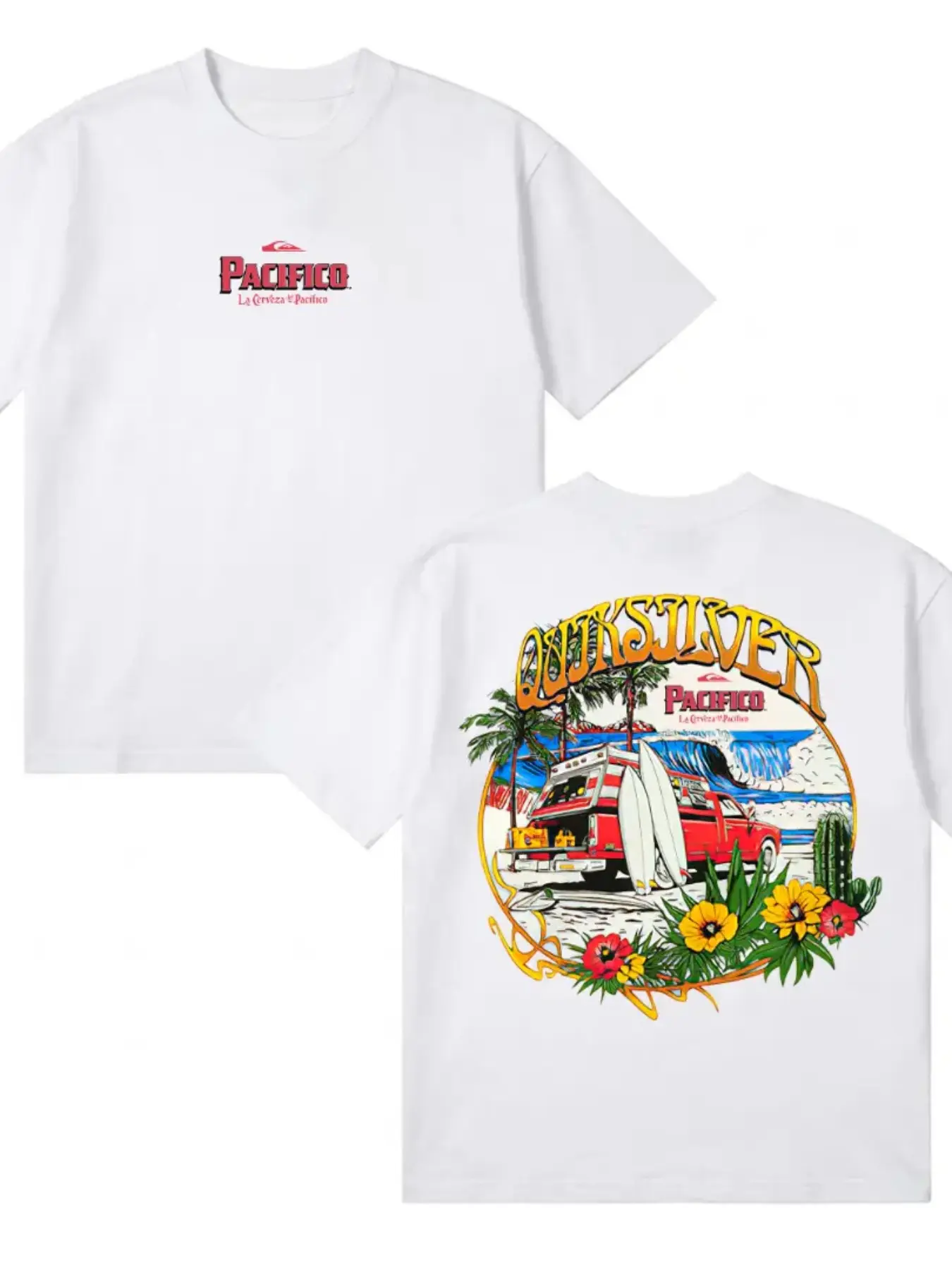 Quiksilver Pacifico T-Shirt, Vintage Surf Car & Tropical Beach Print, Soft Fabric, Unisex Loose Fit, Long Sleeve, Casual Summer Style