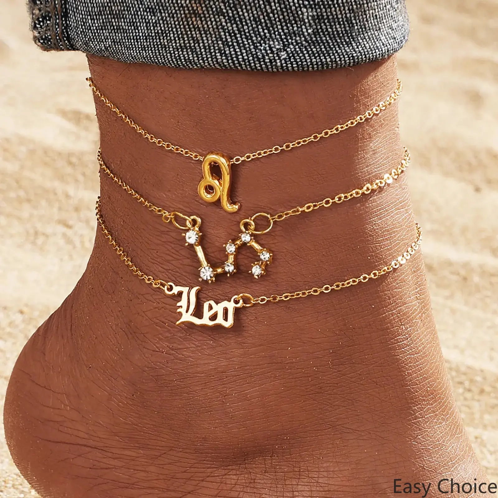 Gold Layered Anklets for Women, Leo Zodiac Sign Foot Jewelry, Trendy Crystal Constellation Ankle Bracelet, Boho Old English Nameplate Foot Chain, Romantic Summer Accessory & Thoughtful Gift for Birthdays