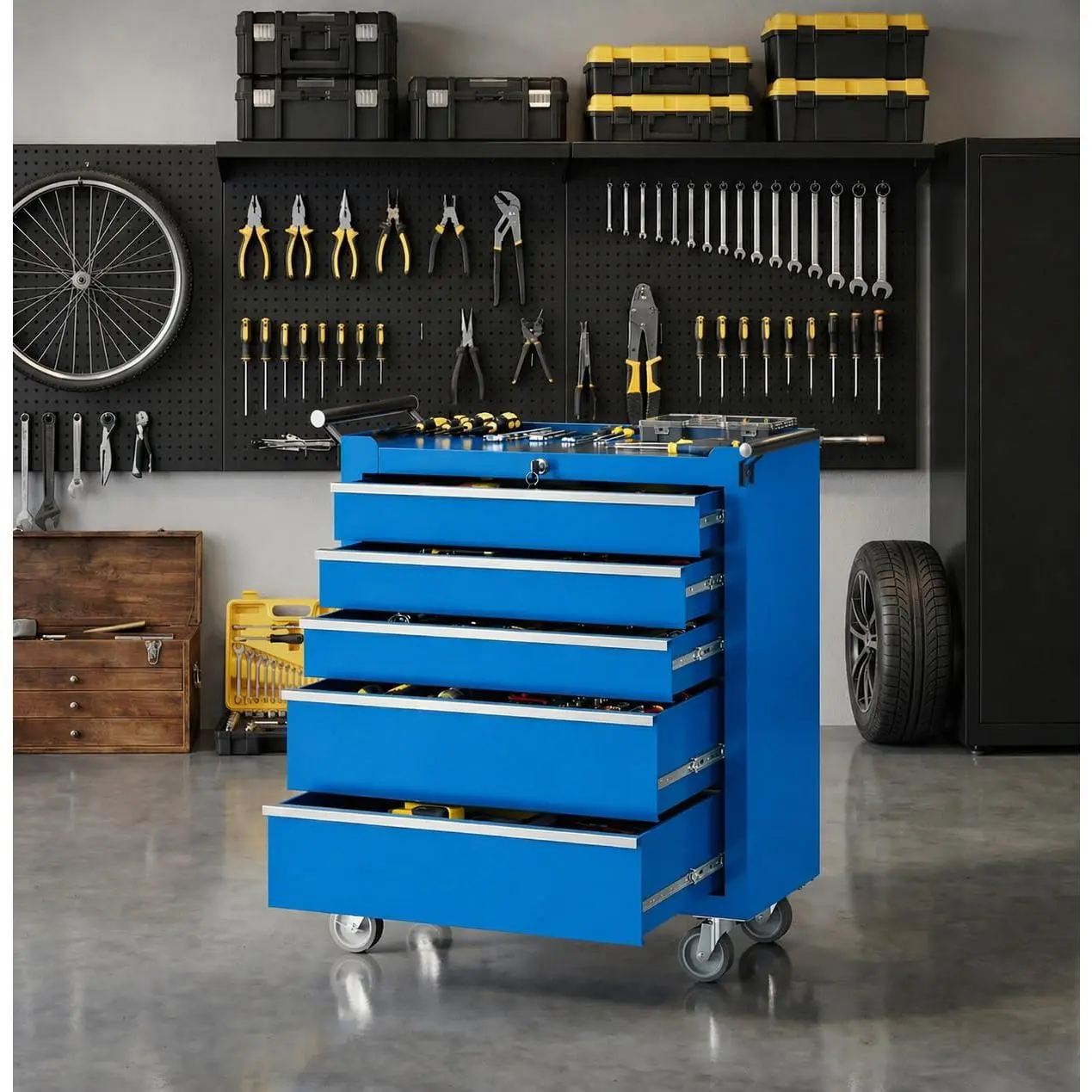 5-Drawer Rolling Tool Box, Heavy-Duty Multifunctional Tool Storage Cabinet with Locking Mechanism, Portable Garage Tool Cart for Warehouse, Workshop, Repair Shop summerwins